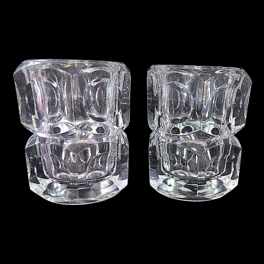 2 Vtg Modernist Crystal Candle Holders Block Cube Bohemia Glass Cubist Icy Clear